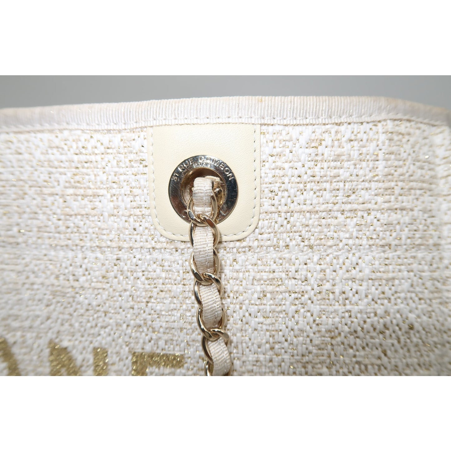 Chanel Raffia Deauville Glitter Logo Accent Tote Bag