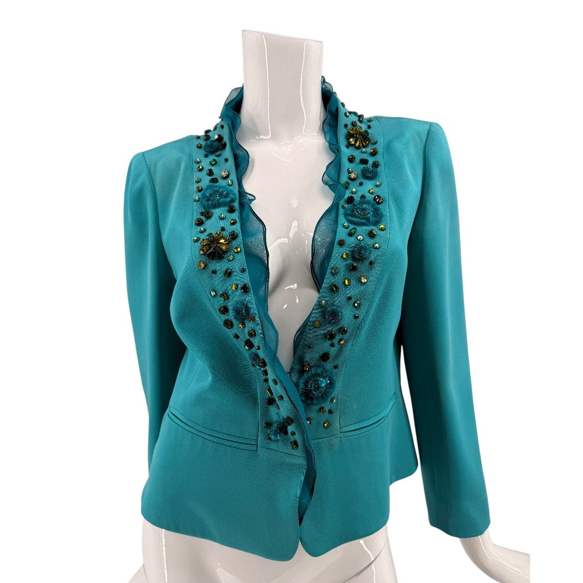 Valentino Silk Embellished Ruffle Open Front Blazer Jacket
