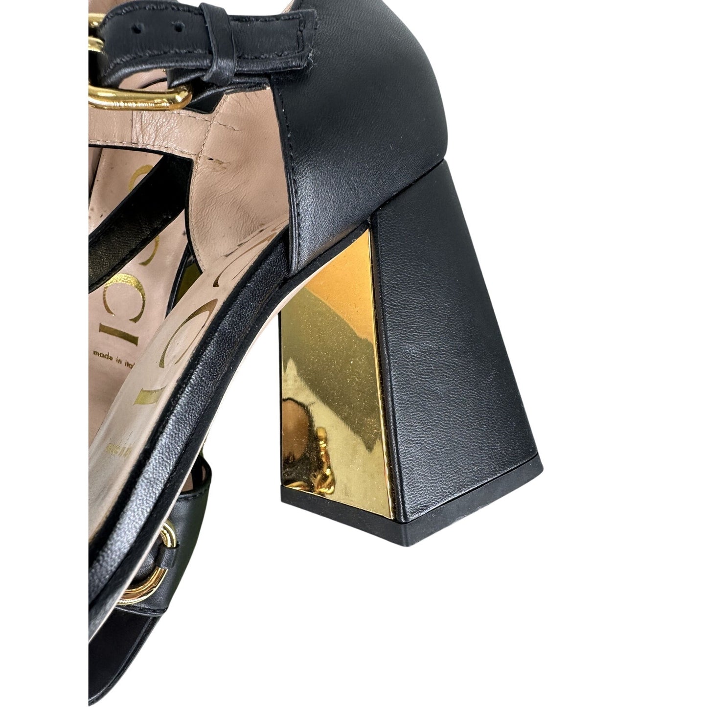 Gucci Leather Horsebit Accent Block Heel Ankle Strap Sandals
