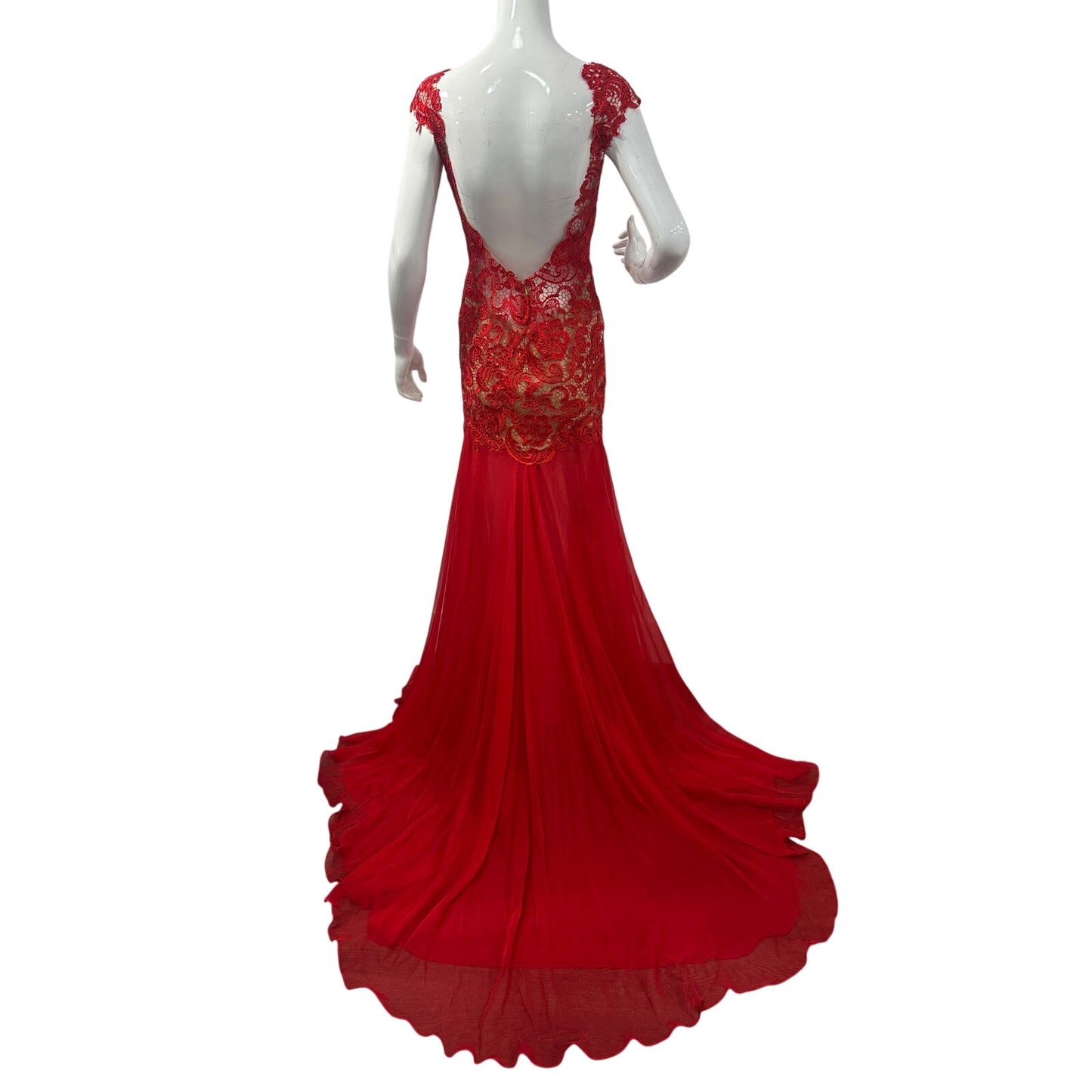Mac Duggal Floral Lace Illusion Mermaid Evening Gown Red Women's Size 4