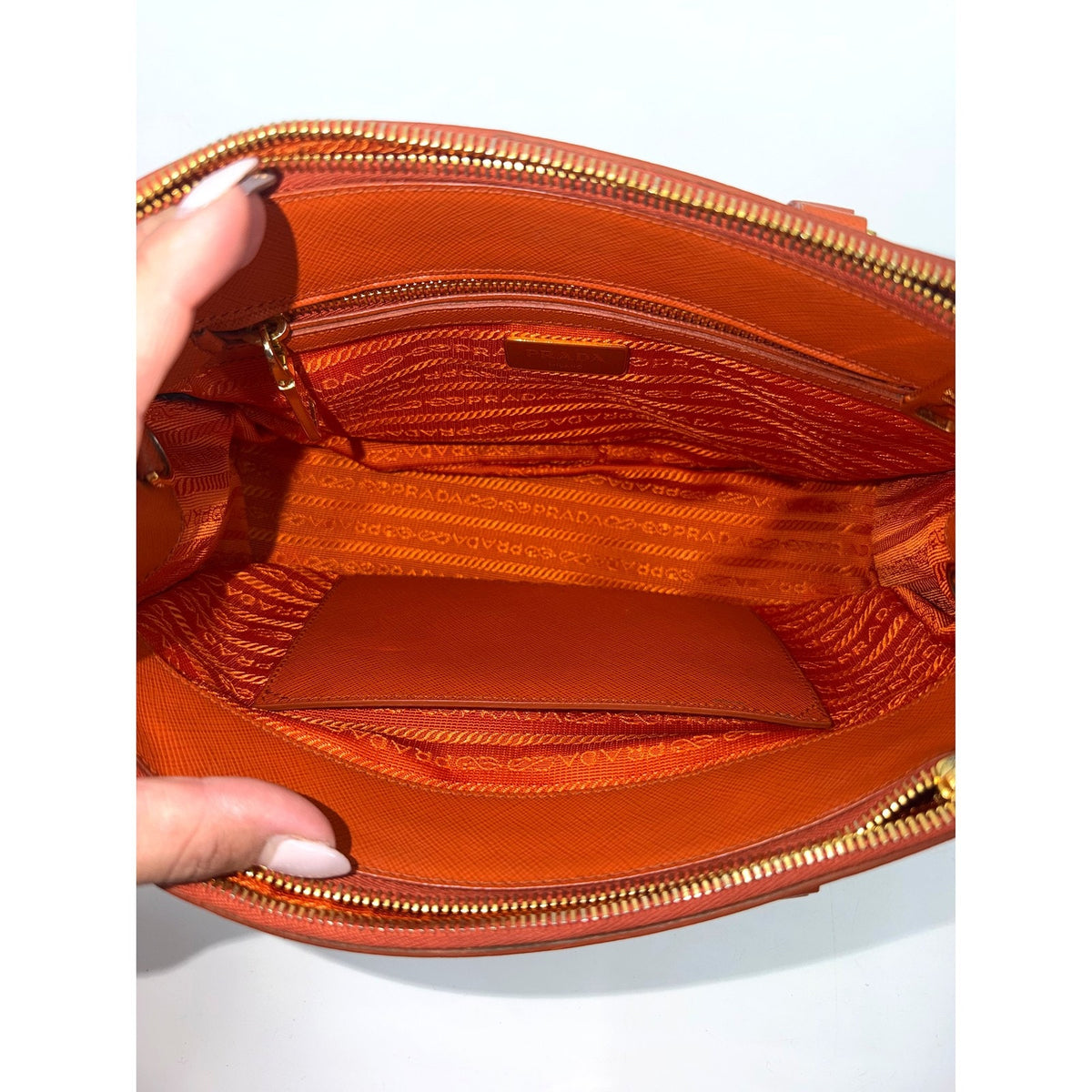 Prada Galleria Saffiano Leather Small Double Zip Tote Orange Gold Hardware Strap