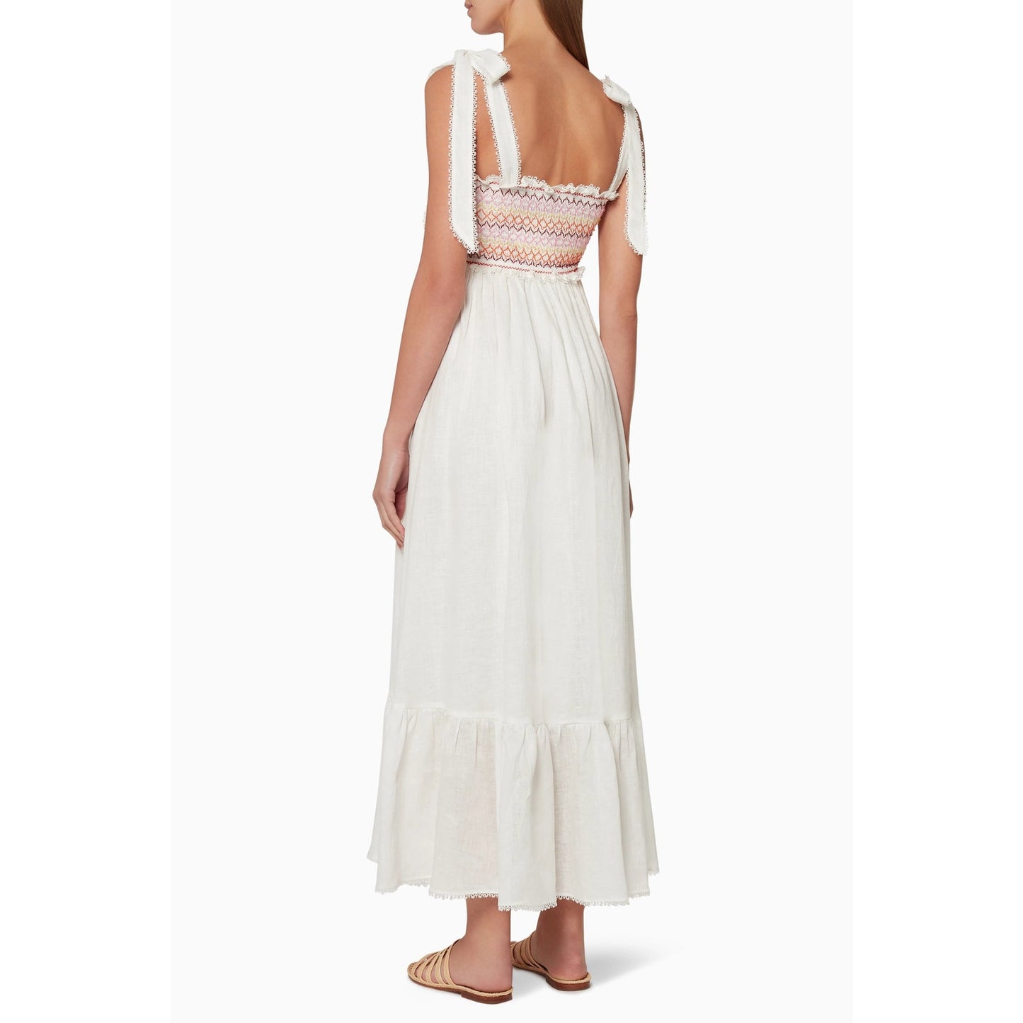 Zimmermann Linen Goldie Rainbow Smocked Tie Maxi Dress White Women's Size 0