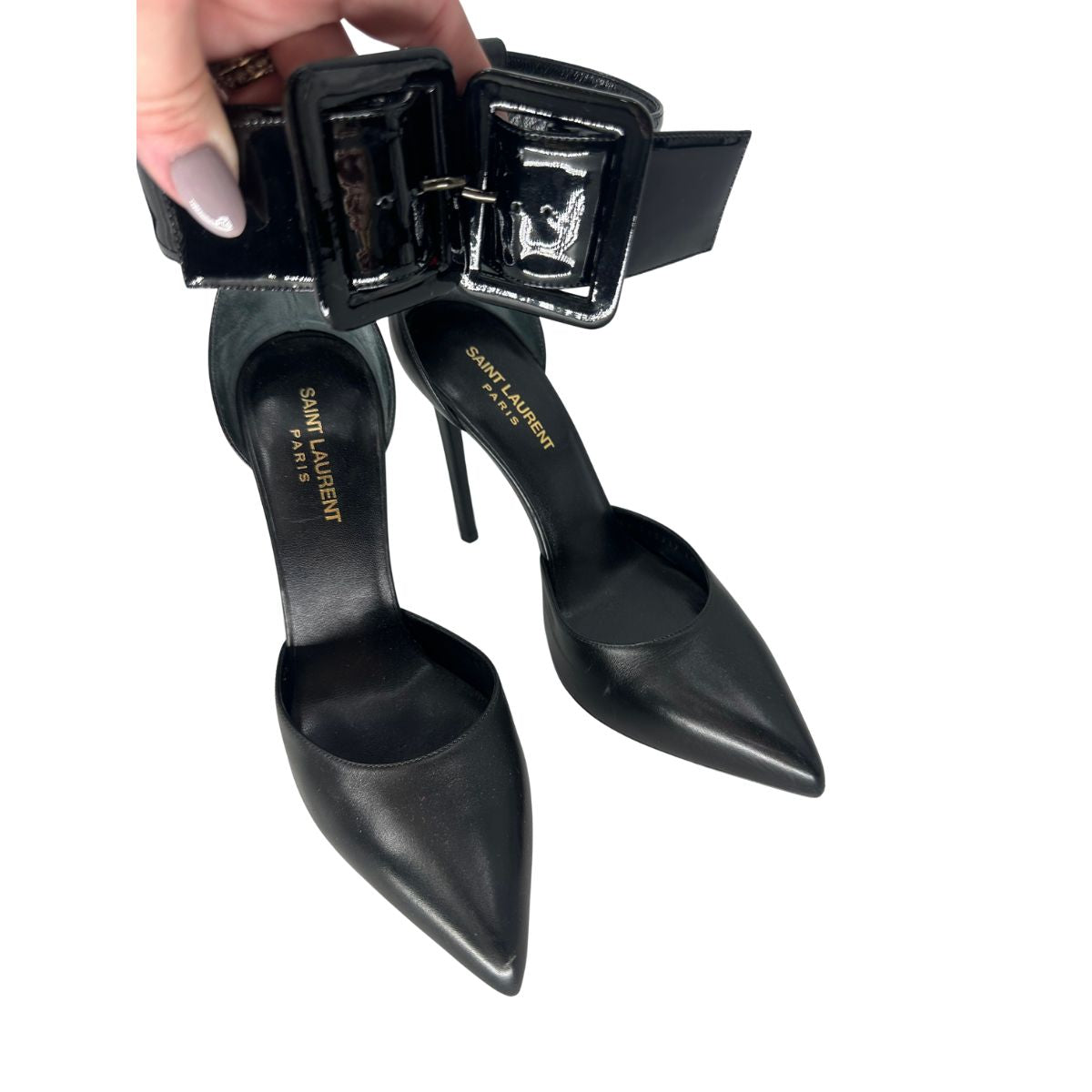 Saint Laurent Leather Pointed Toe Ankle Strap Pumps Heels