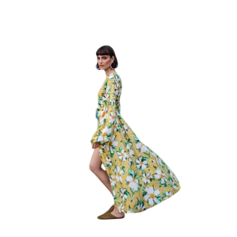 Sigal Lotus Floral Print Long Puffed Sleeves Maxi Dress