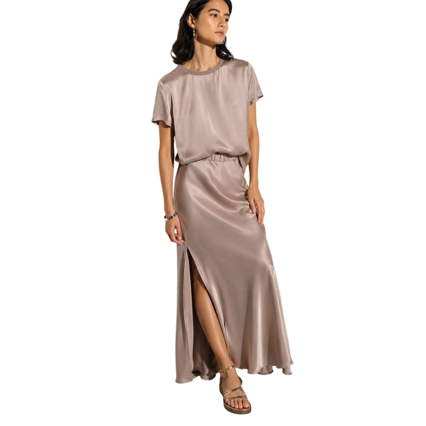 Nation Los Angeles Satin Tee & Side Slit Maxi Skirt Set Taupe Women's Size M/XS