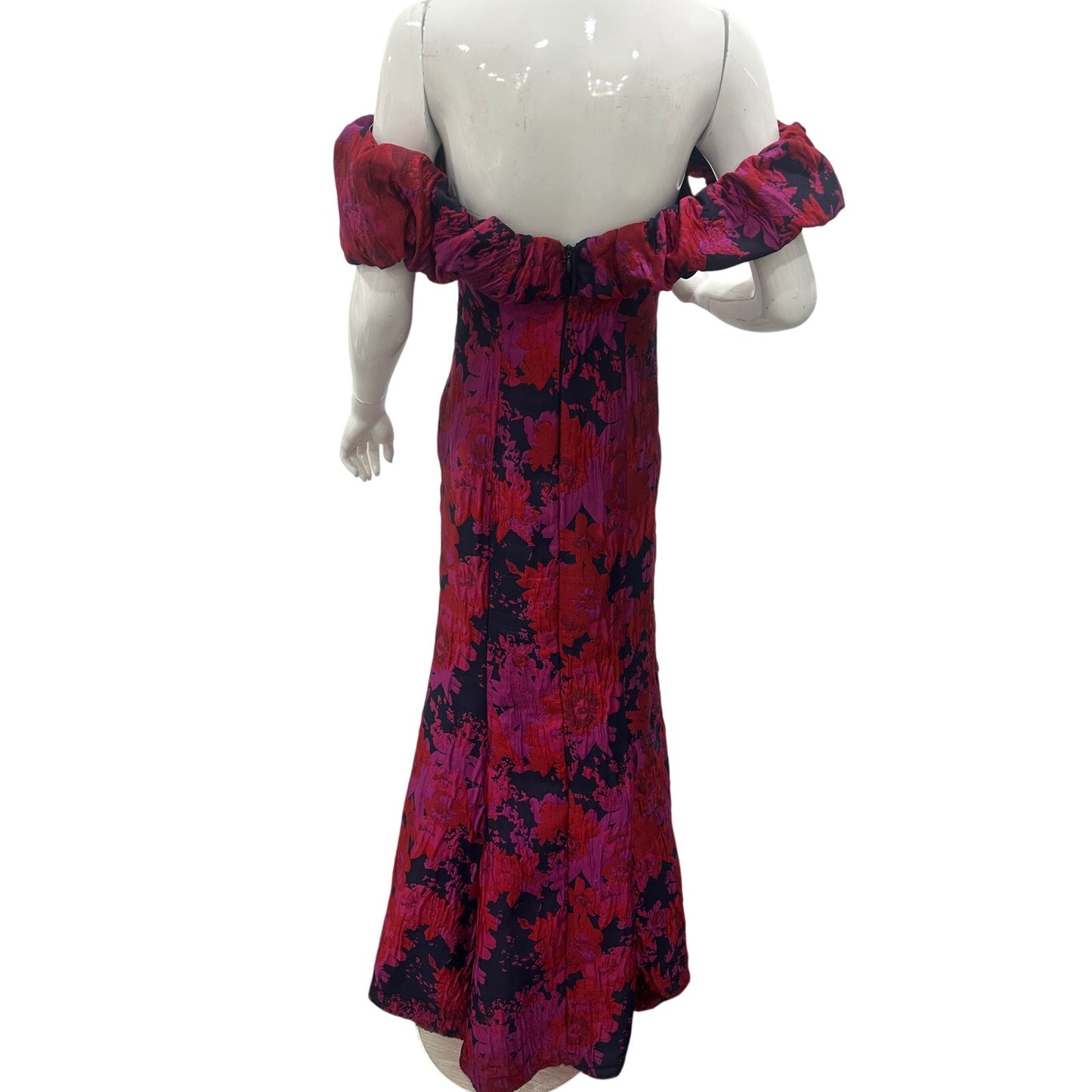 Aidan Mattox Navy Multi Floral Off Shoulder Ruffle Mermaid Gown