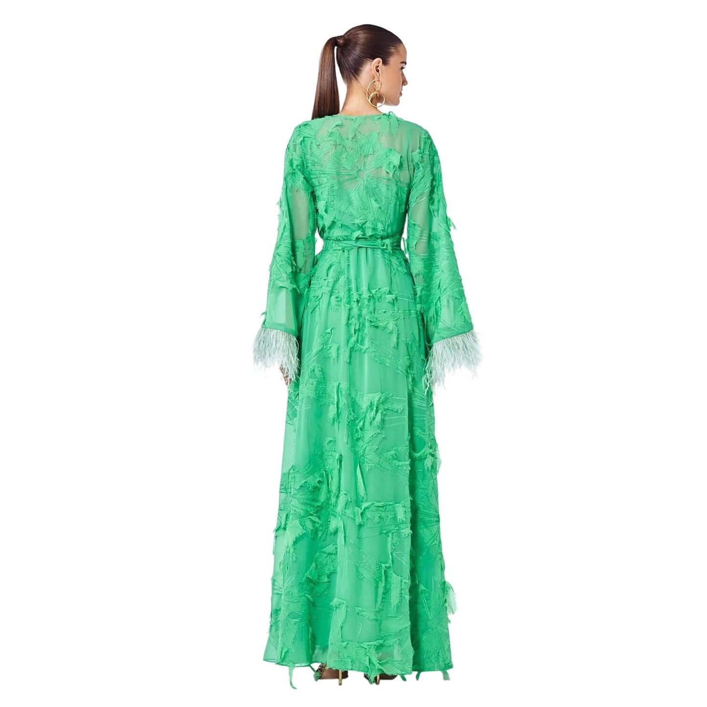 Alexis Kalin Feather Trim Long Sleeve Wrap Maxi Dress