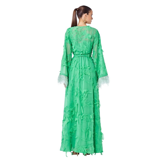 Alexis Kalin Feather Trim Long Sleeve Wrap Maxi Dress
