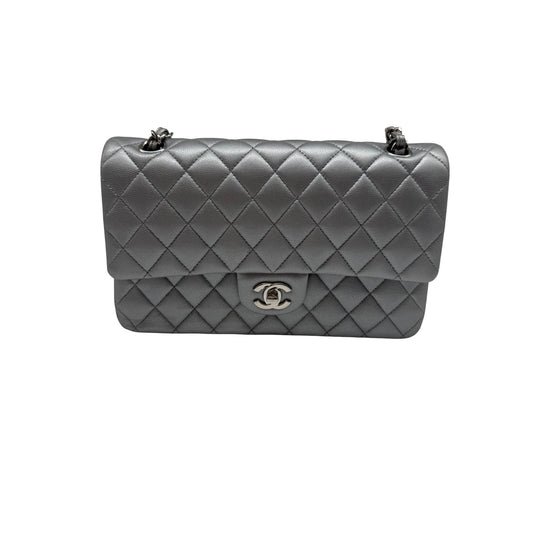 Chanel Leather Quilted Classic Double Flap CC Logo Medium Crossbody Bag Silver