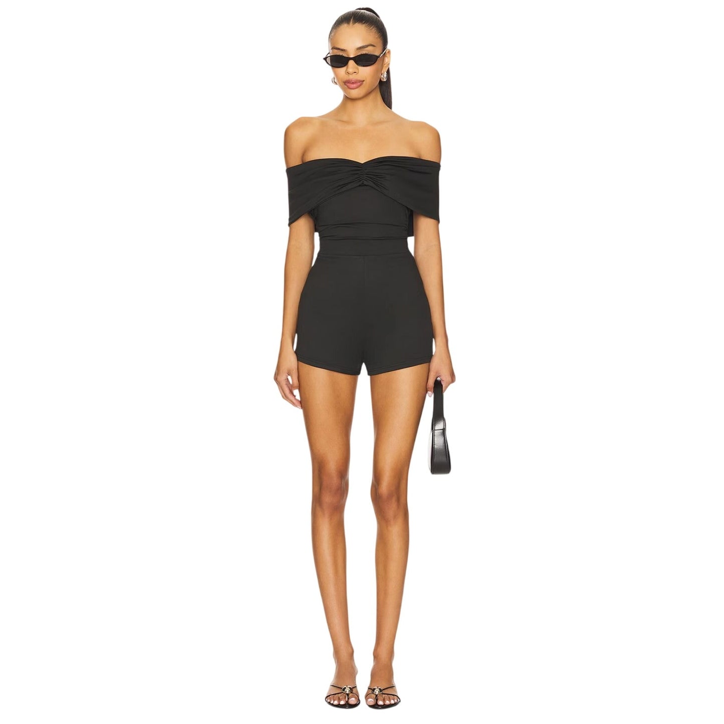superdown Cher Black Off Shoulder Ruched Romper