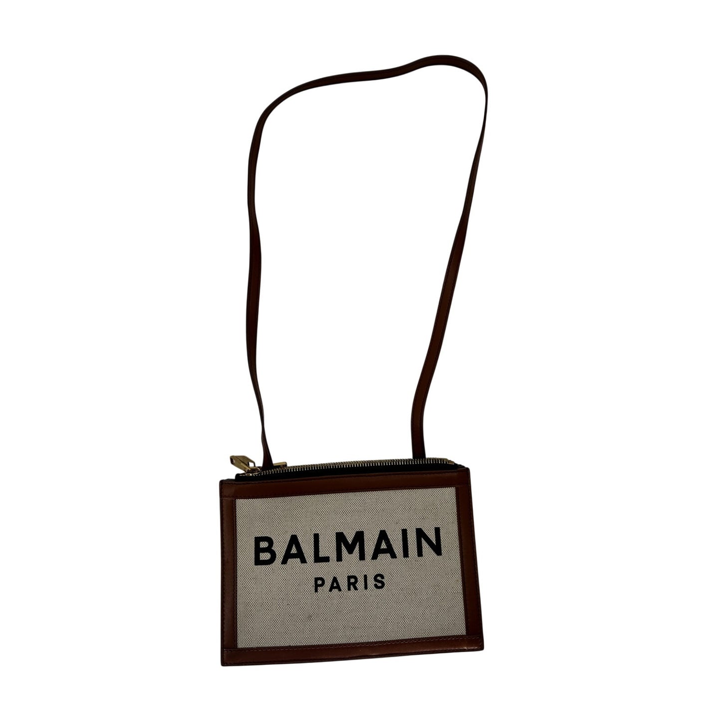 Balmain Canvas Leather Logo Graphic Triple Compartment Zip Pouch Crossbody Bag
