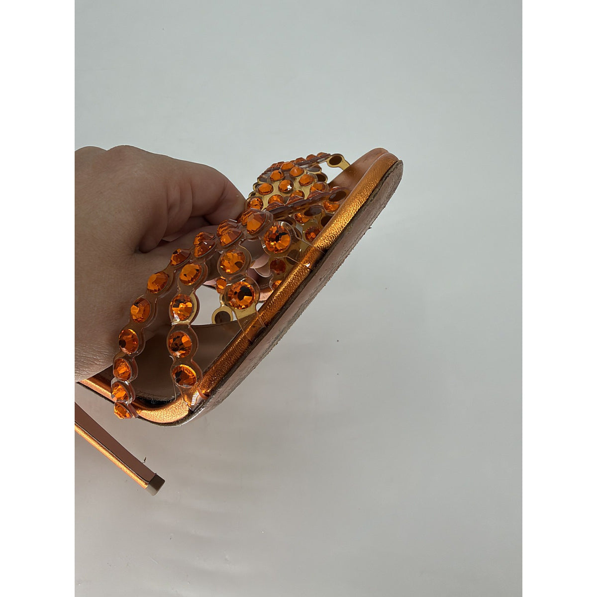 Aquazzura Tequila Plexi Crystal PVC Sandals Orange Copper Metallic Heels 37