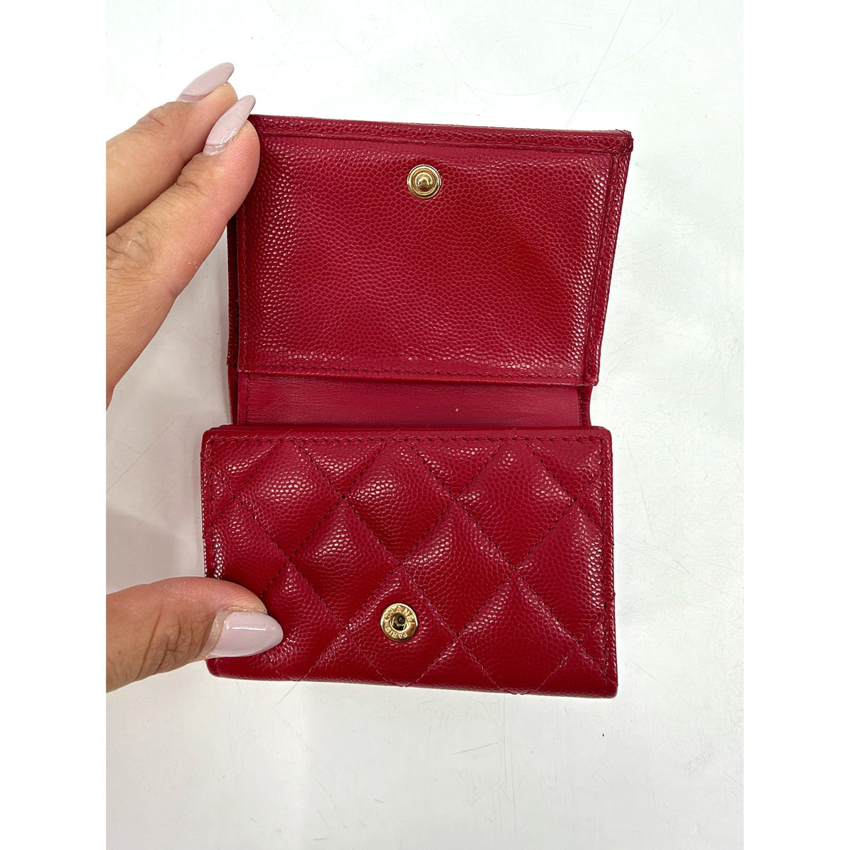 Chanel Red Caviar Quilted Compact Flap Wallet Crystal CC Gold Hardware