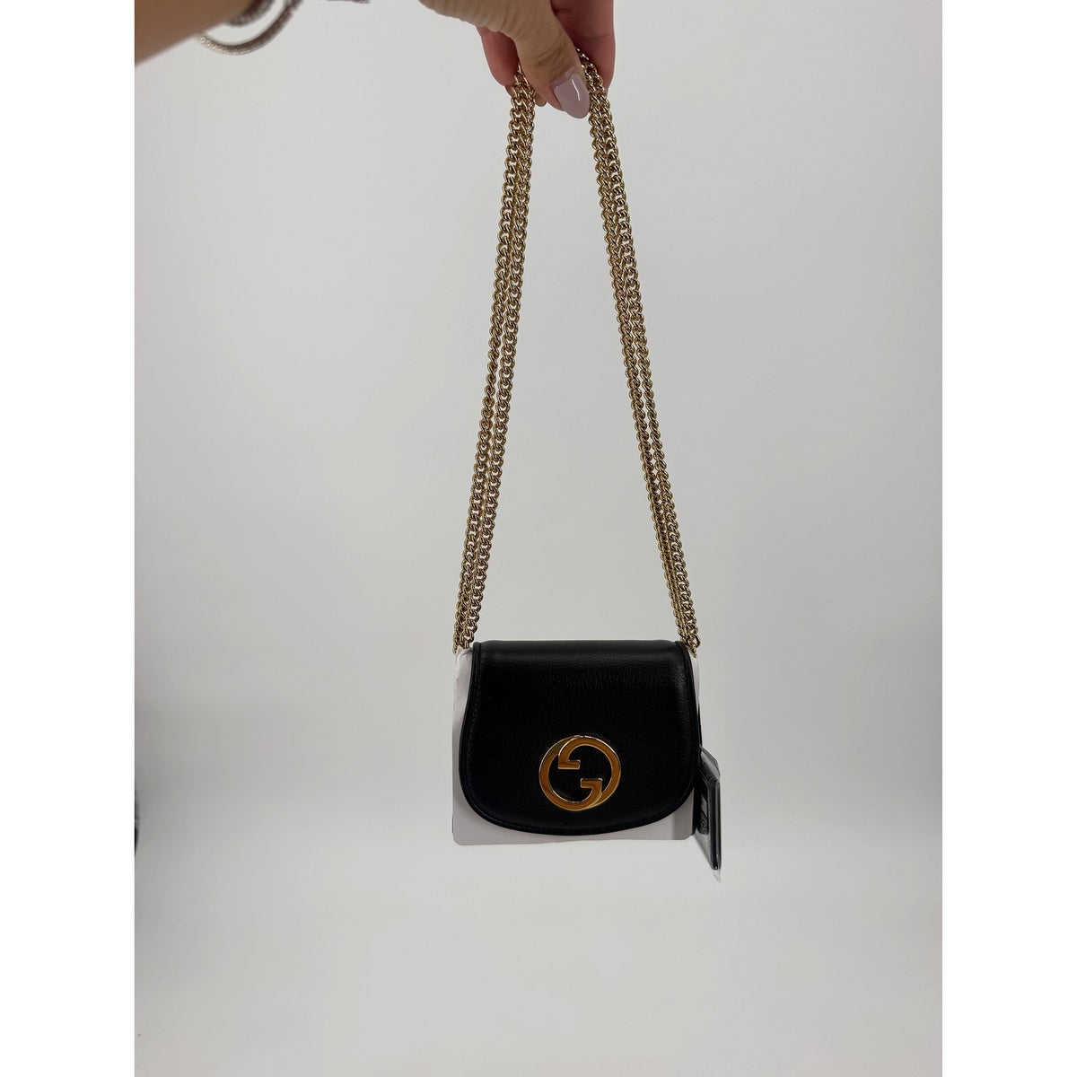 Gucci Blondie Black Leather Chain Wallet Crossbody Gold G New Box Dust Bag