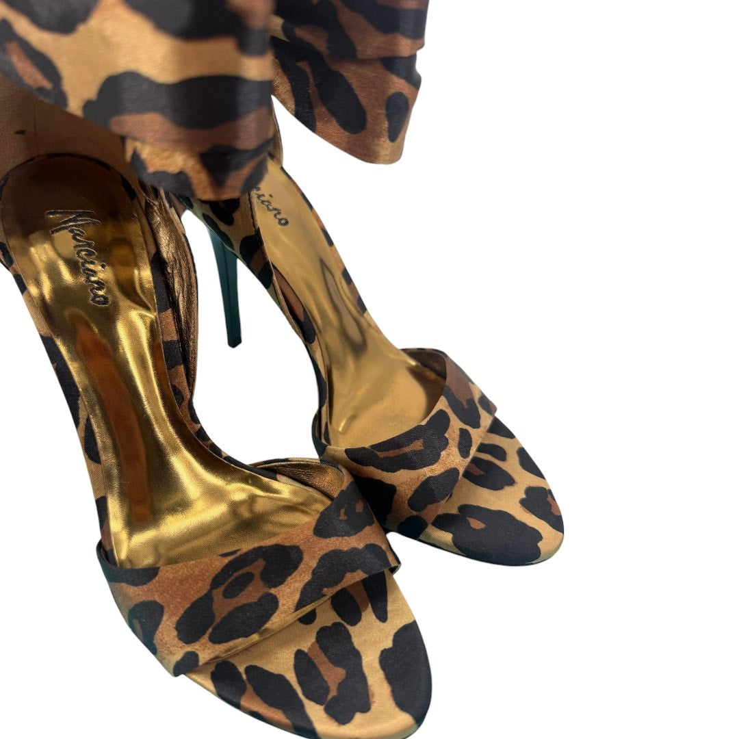Marciano Roxanne Leopard Satin Ankle Cuff Open-Toe Stiletto Sandals Size 6.5