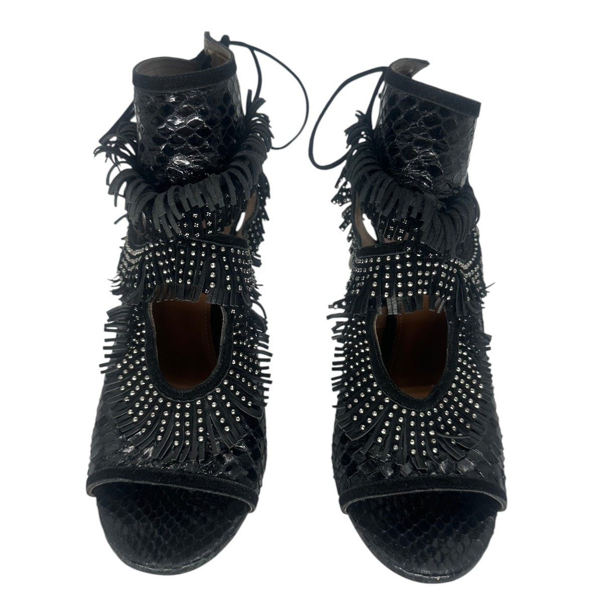 Aquazzura Sexy Thing Studded Fringe Python Stiletto Sandals