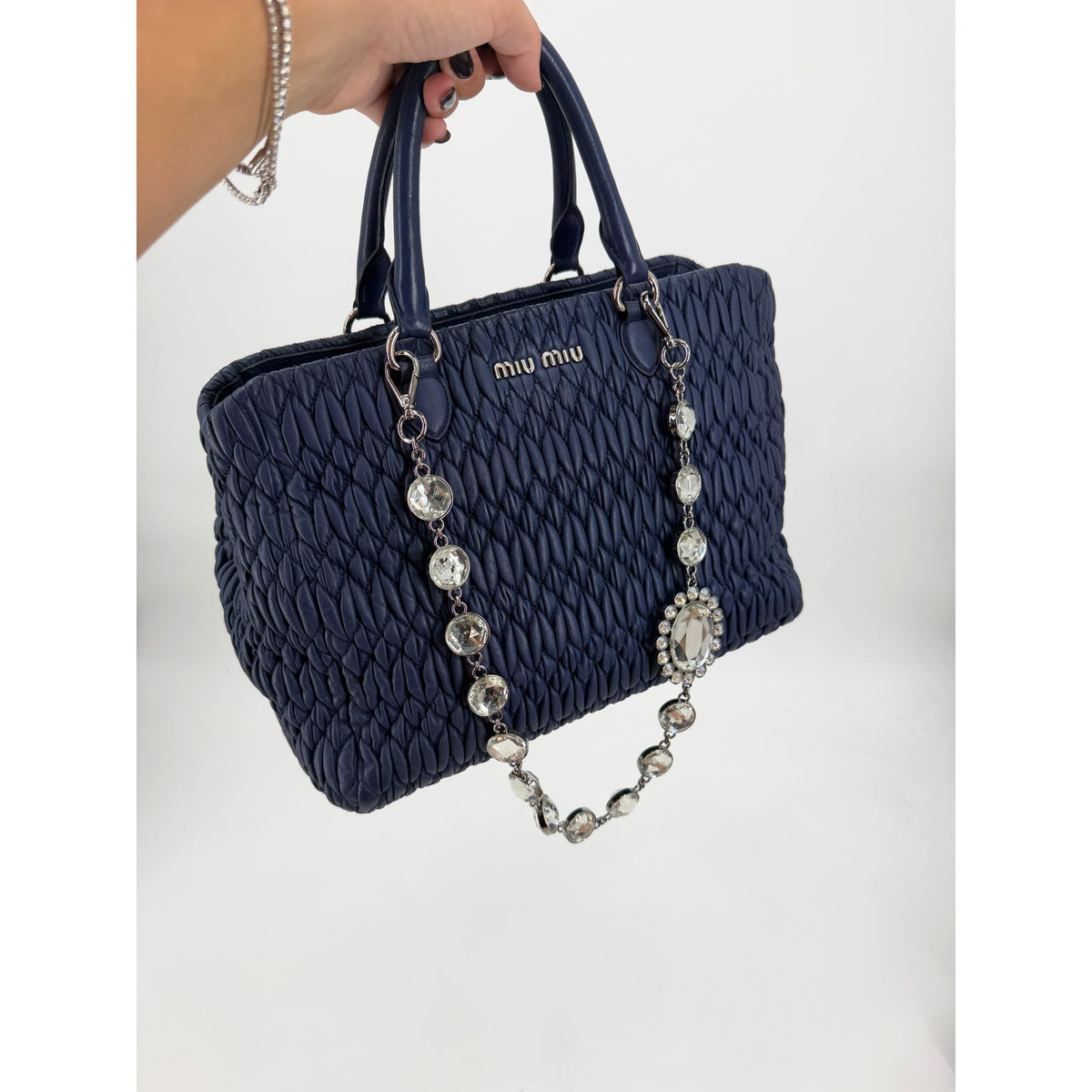 Miu Miu Nappa Crystal Matelasse Top Handle Tote Navy Blue Leather Chain Strap