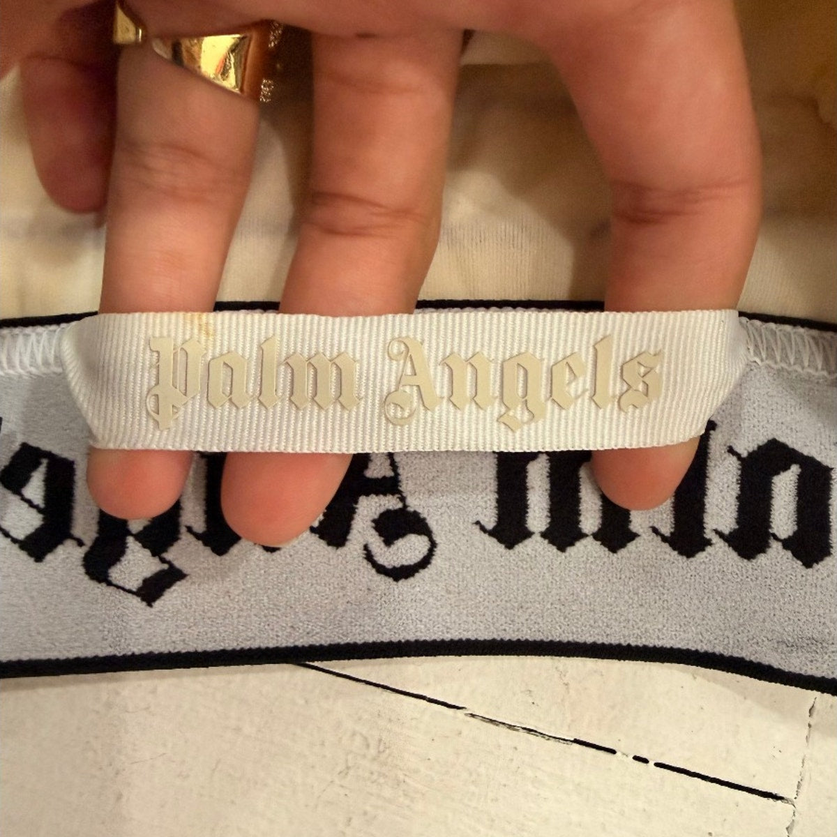 Palm Angels Cotton Blend Logo Print Crinkled Jersey Crop Top Cream Women's XS