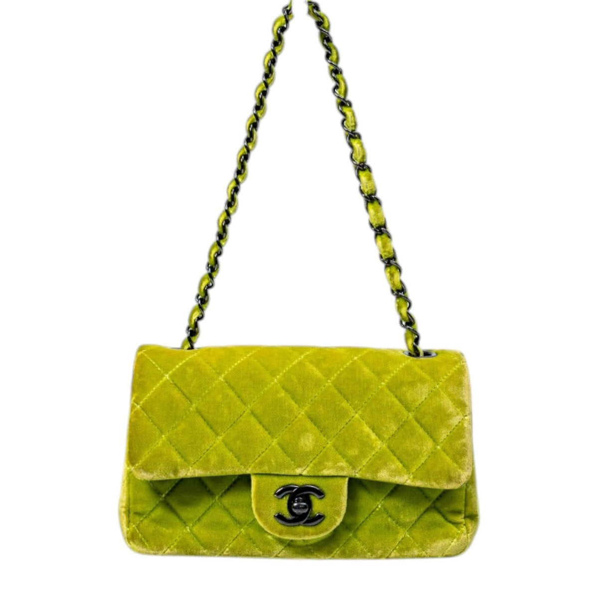 Chanel Velvet Quilted Interlocking CC Classic Flap Small Shoulder Bag Green