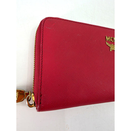MCM Red Saffiano Leather Zip Around Continental Wallet Gold