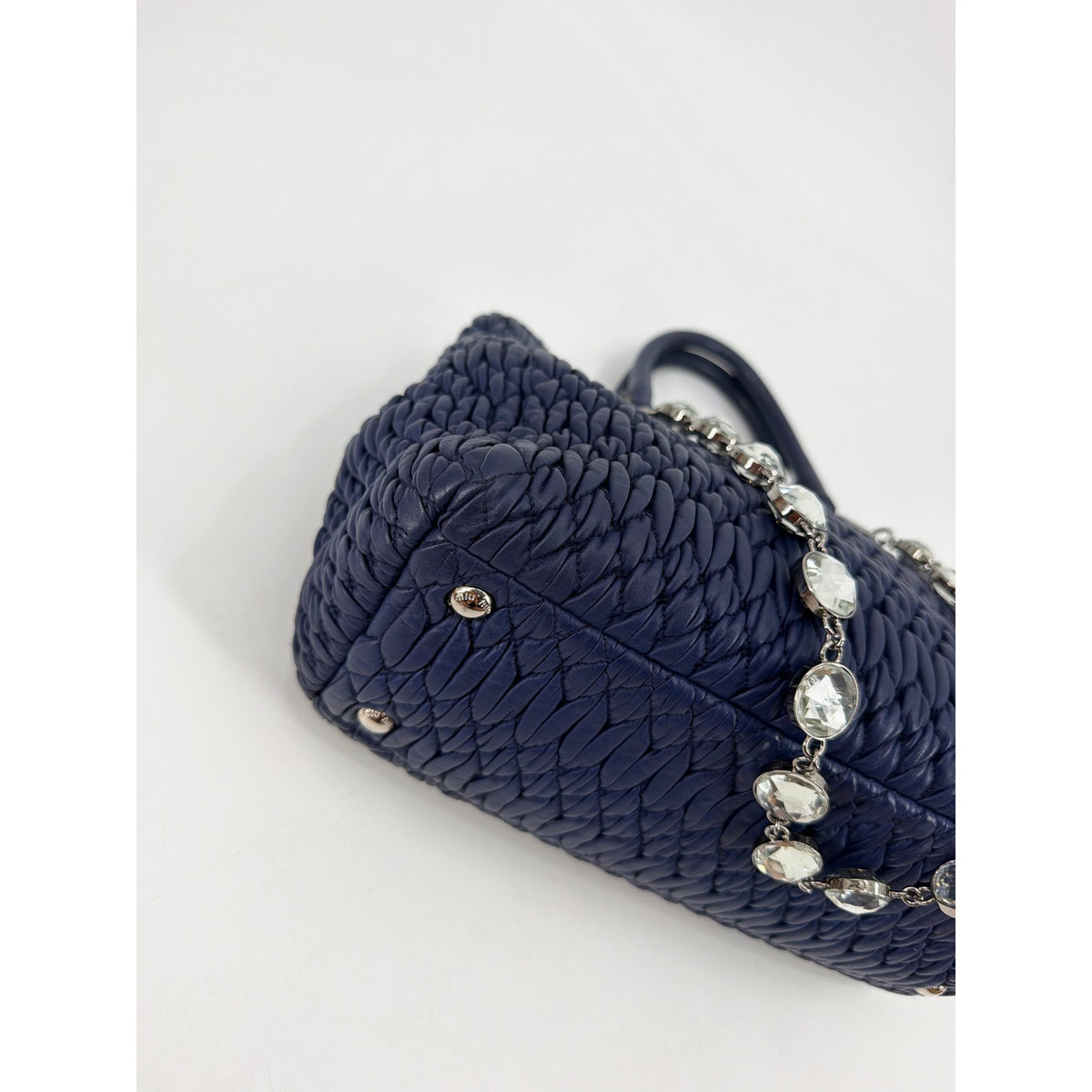Miu Miu Nappa Crystal Matelasse Top Handle Tote Navy Blue Leather Chain Strap