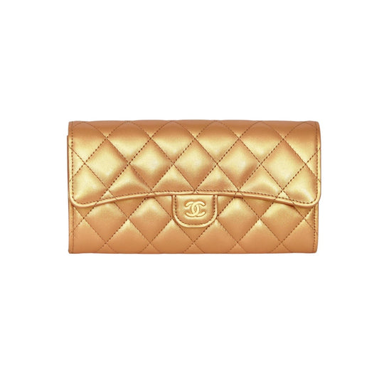 Chanel Large Gusset Flap Wallet Gold Metallic Lambskin Leather Quilted CC Logo
