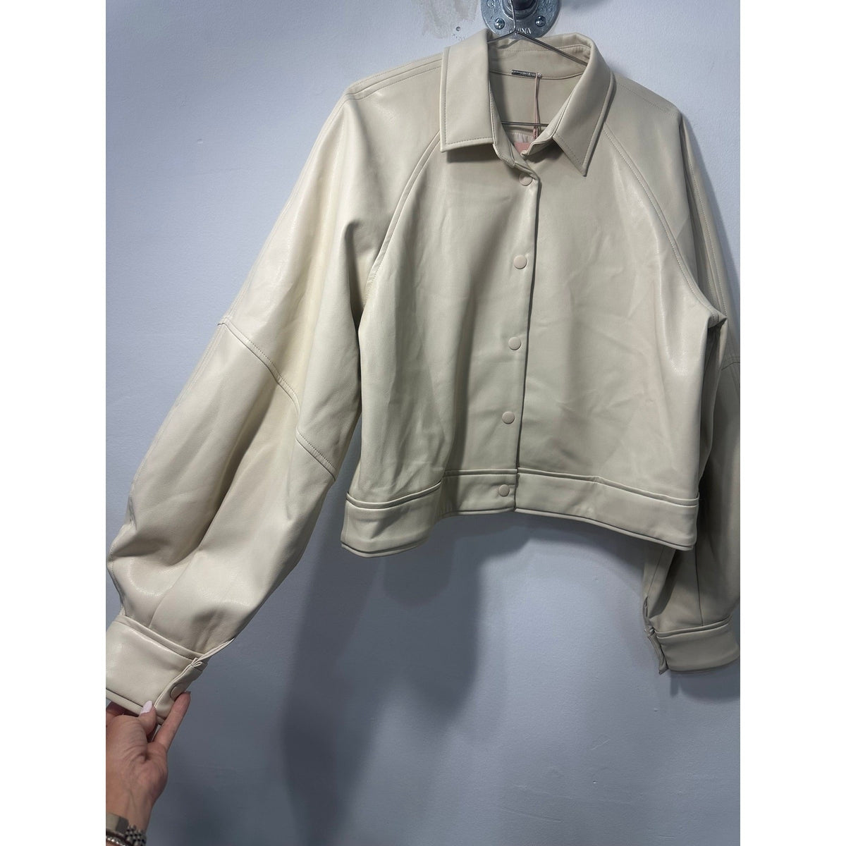 Alexis Faux Leather Snap Front Crop Ceci Jacket Ivory