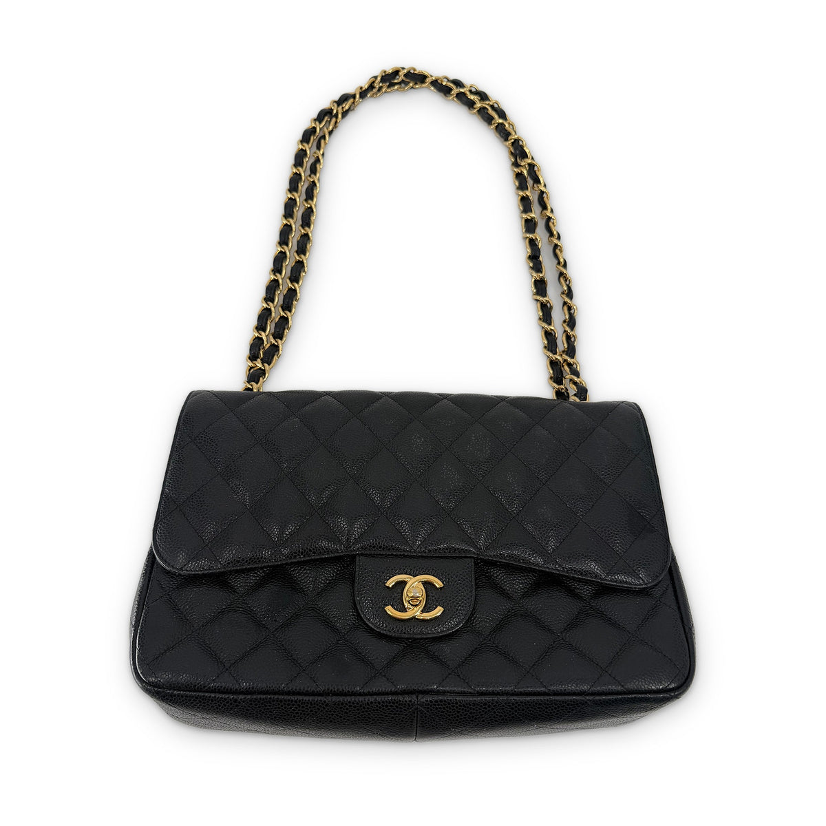 Chanel Classic Double Flap Jumbo Caviar Leather Black Gold Hardware Shoulder Bag