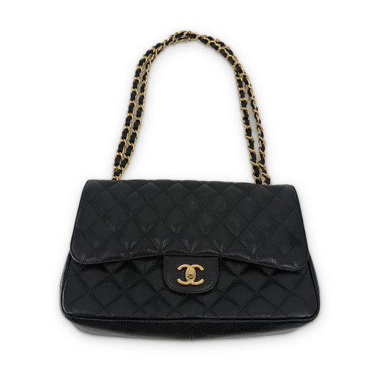 Chanel Classic Double Flap Jumbo Caviar Leather Black Gold Hardware Shoulder Bag