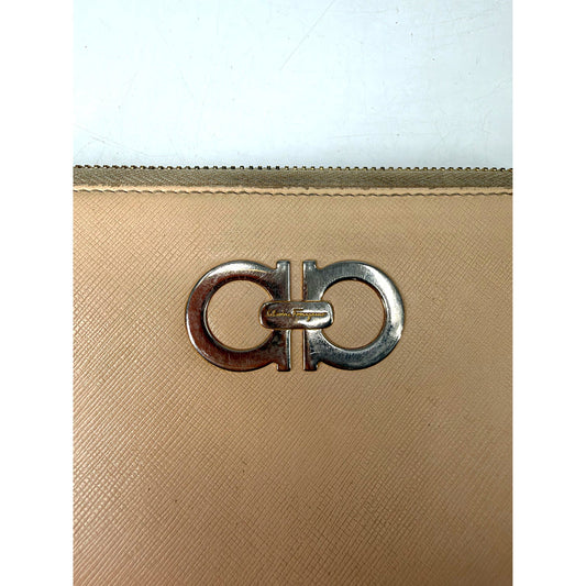 Salvatore Ferragamo Gancini Cream Textured Leather Long Wallet