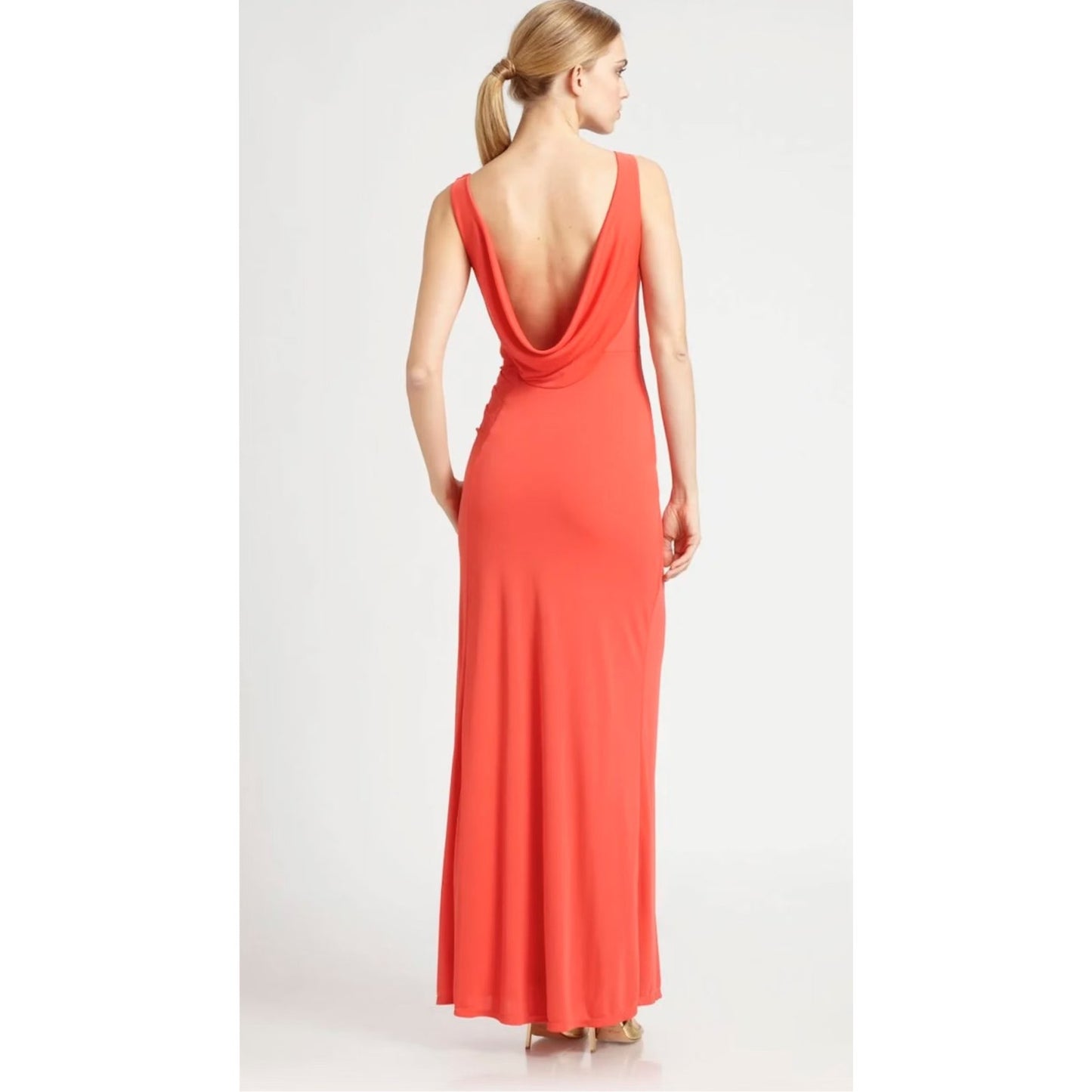 BCBGMAXAZRIA Lena Draped Scoop Back High Slit Maxi Evening Dress