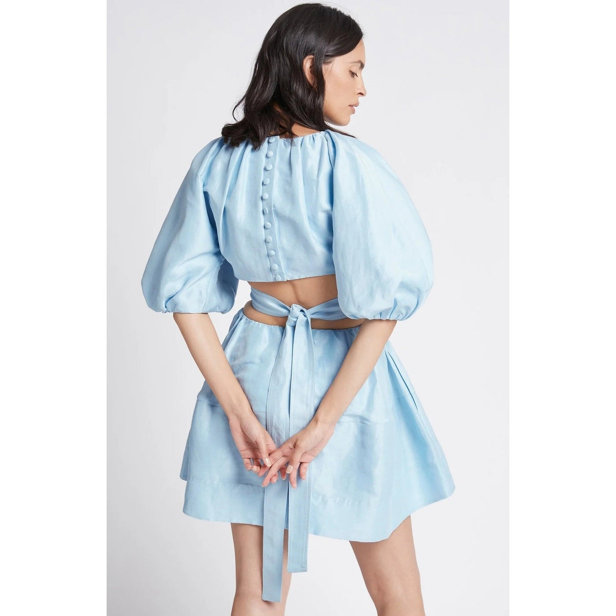 AJE Psychedelia Light Blue Puff Sleeve Cut-Out Pleated A-Line Mini Dress Size 8
