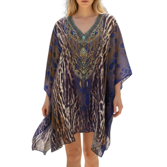 Camilla Silk Animal Print V-Neck Short Kaftan Dress