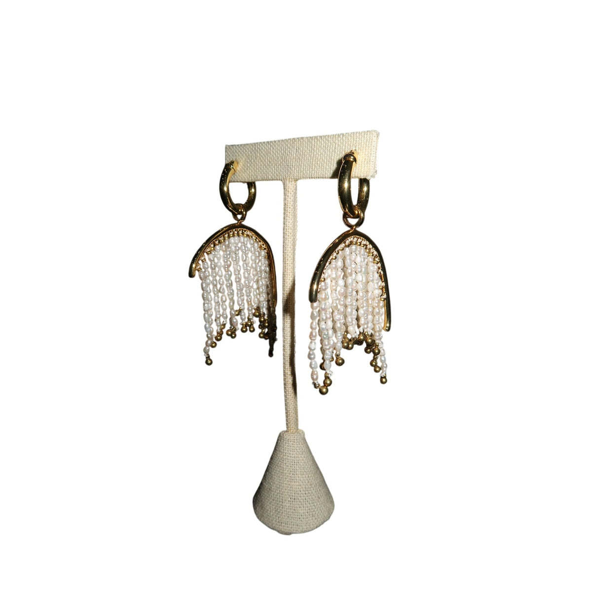 18K Gold Tone Filled White Pearl Fringe Hoop Earrings Handmade