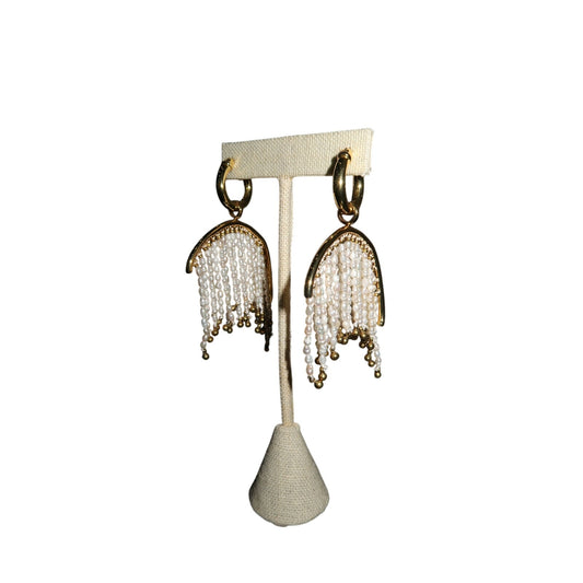 18K Gold Tone Filled White Pearl Fringe Hoop Earrings Handmade