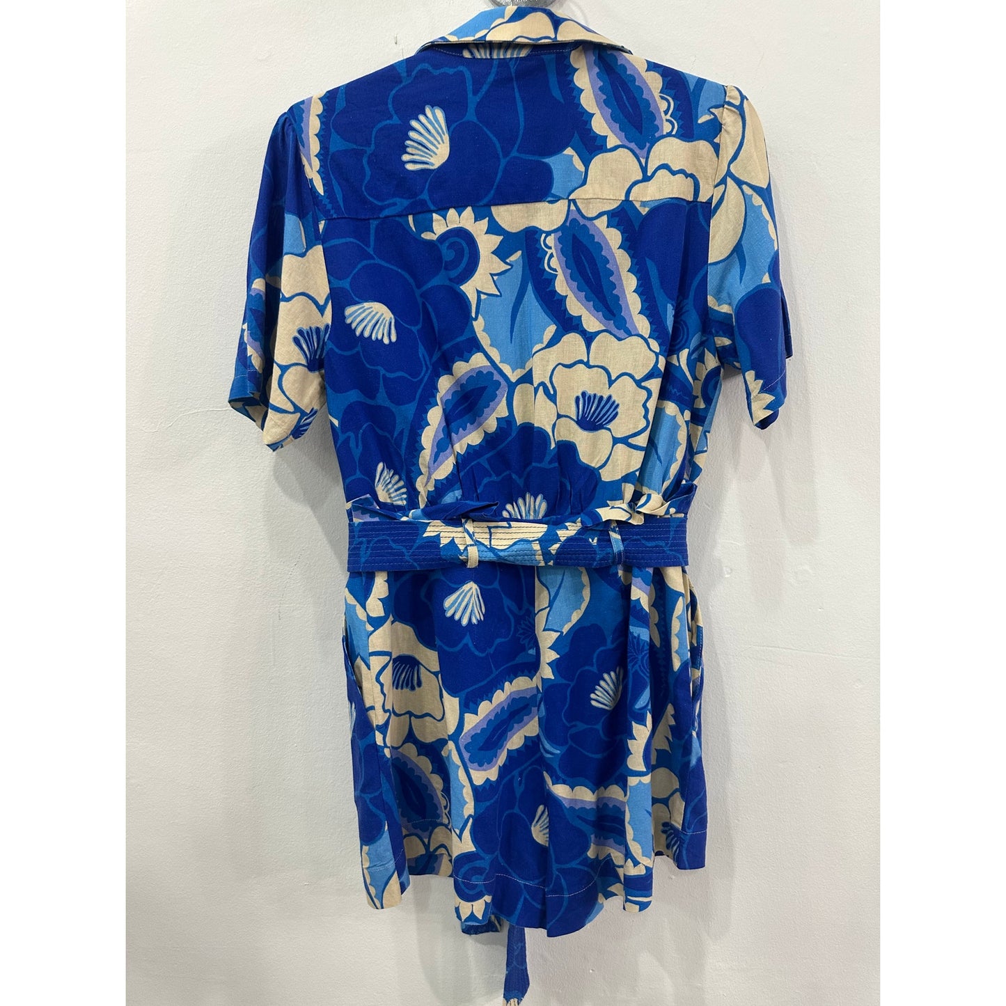 Farm Rio Tropical Groove Collared Button Front Belted Romper Blue Women's Size S