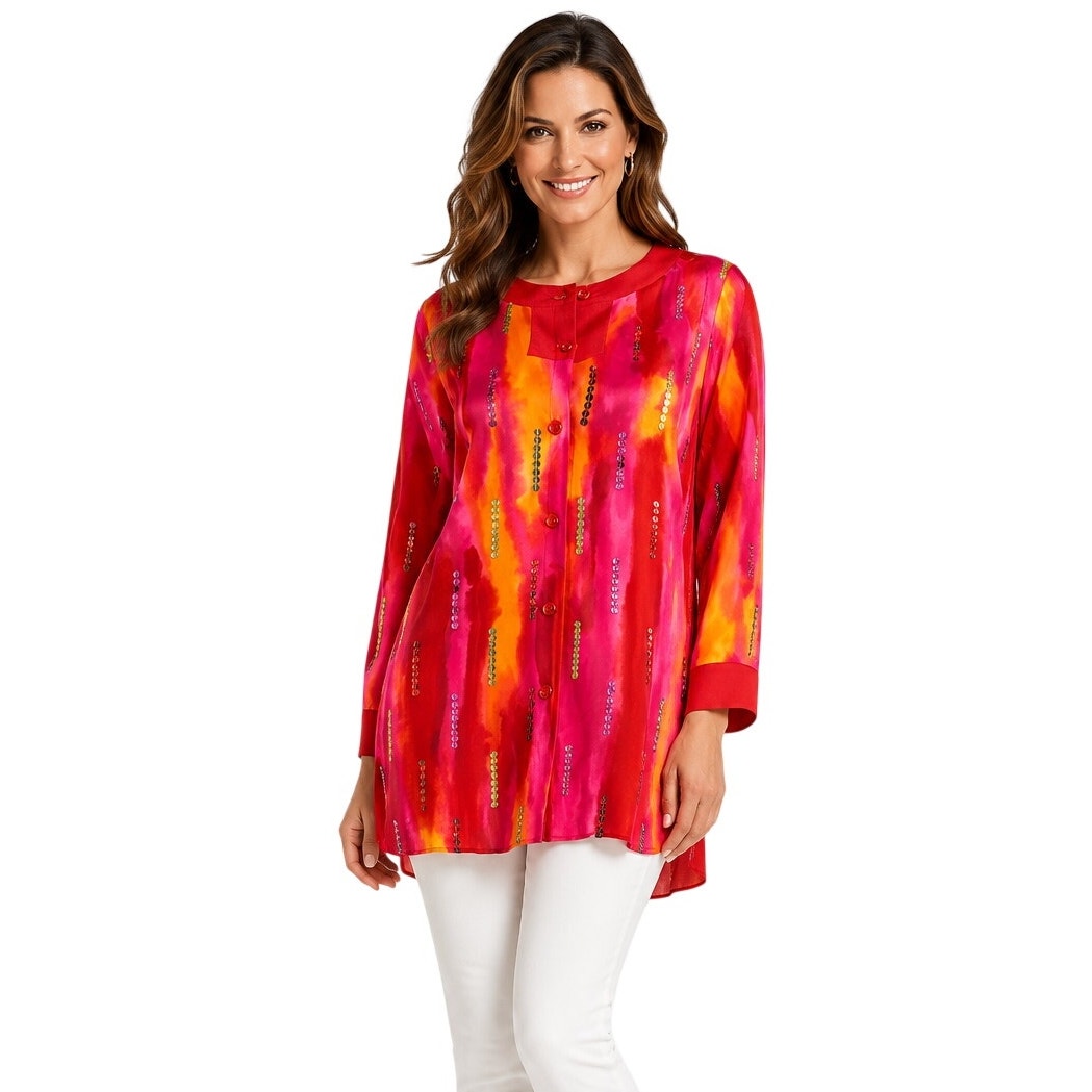 Diane Gilman Silk Sequined Abstract Print Tunic Top