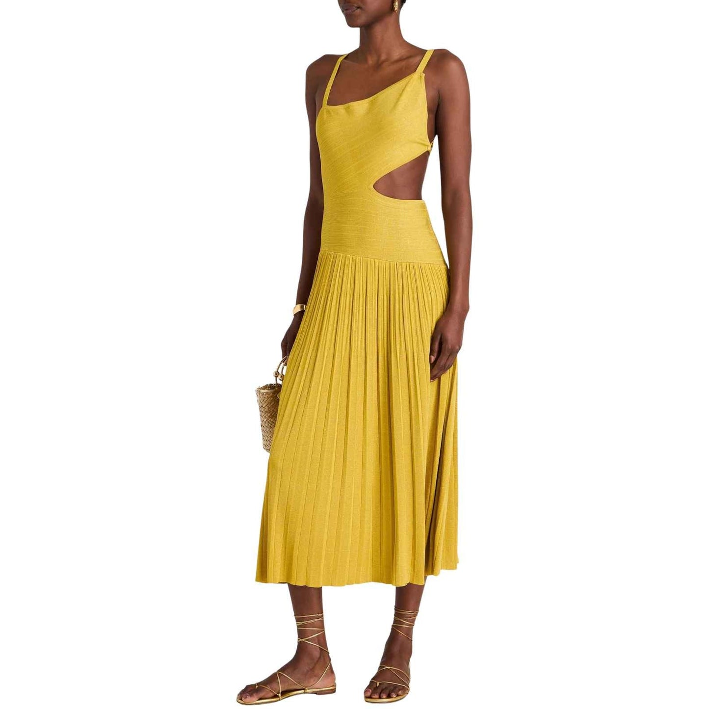 Zimmermann Mustard Metallic Rib Knit Cutout Gathered Midi Dress Women's Size 0