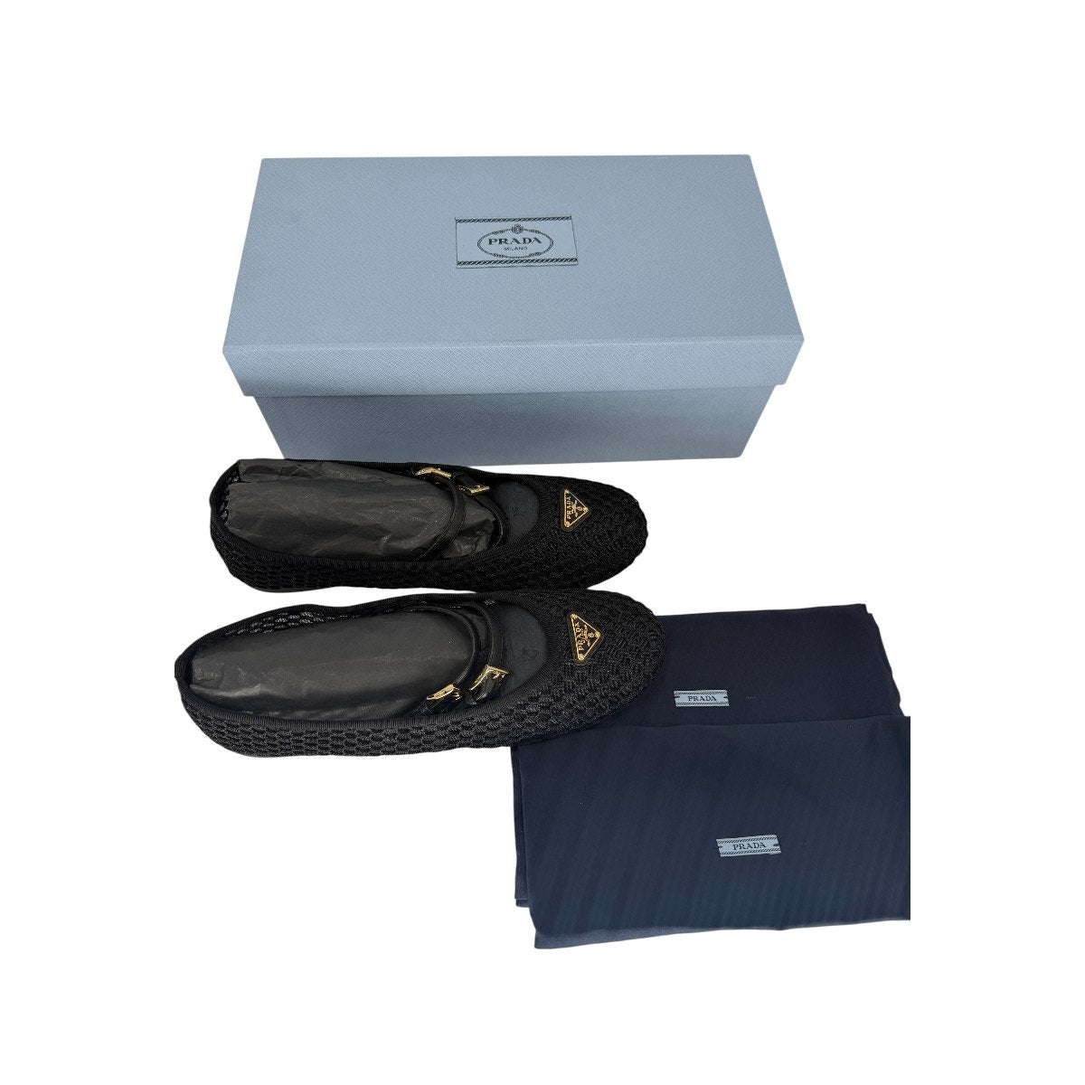 Prada Mesh Logo Calzature Donna Double Straps Ballerina Flats Black Size 37.5