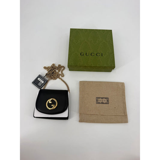 Gucci Blondie Black Leather Chain Wallet Crossbody Gold G New Box Dust Bag