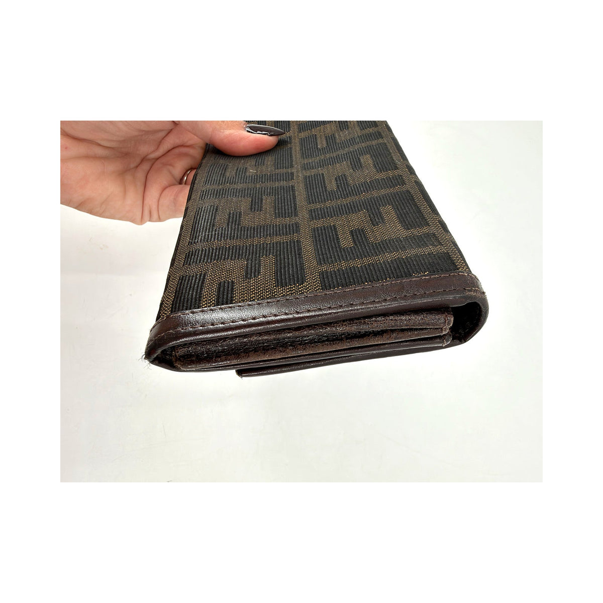 Fendi Zucca FF Canvas Long Flap Wallet Brown Silver Hardware