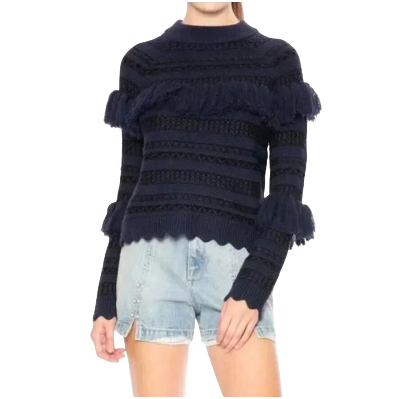 Jonathan Simkhai Purple Wool Tassel Knit Fringe Mock Neck Sweater Women's