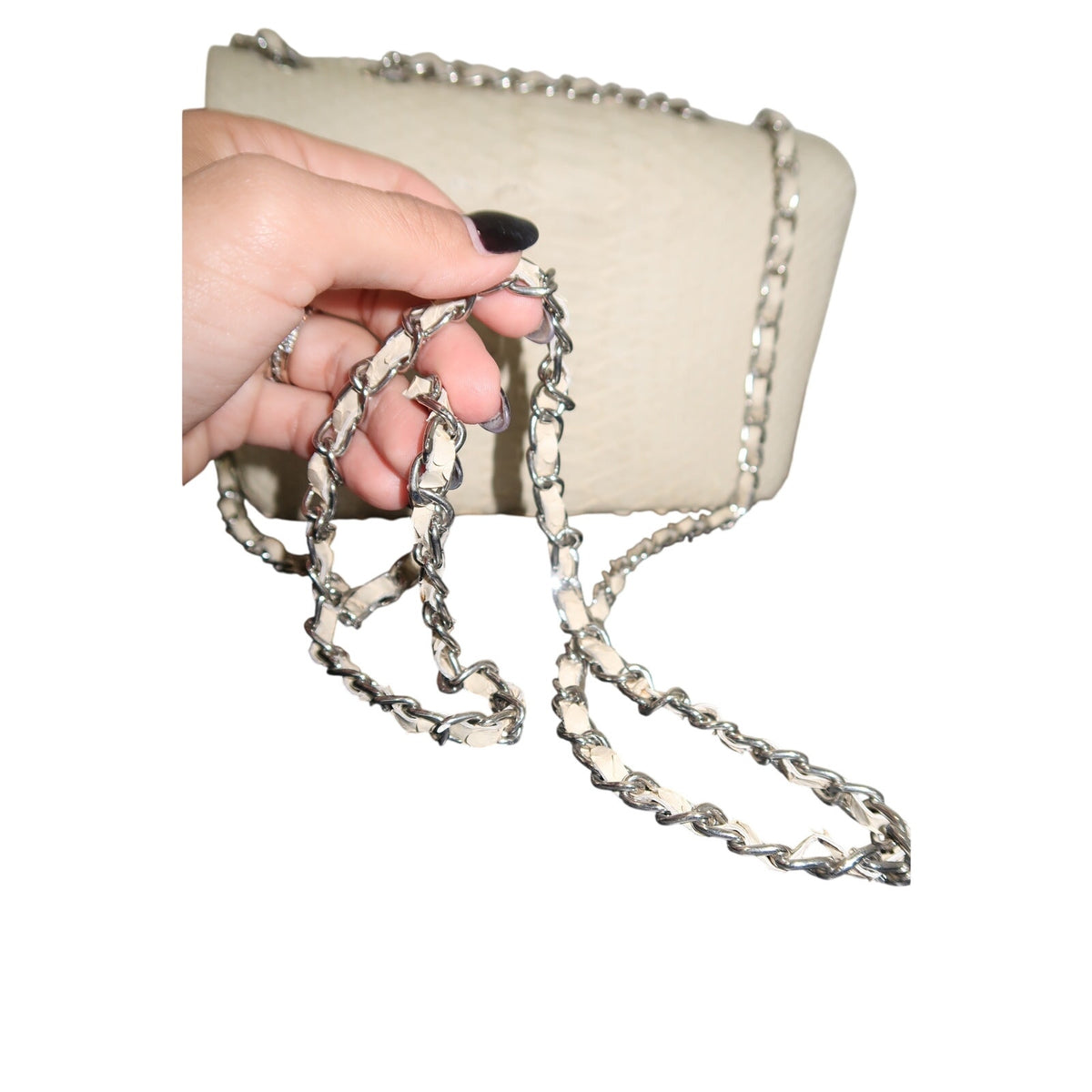 Cream Python-Textured Crossbody Silver Hardware Chain Shoulder Bag Women's OS