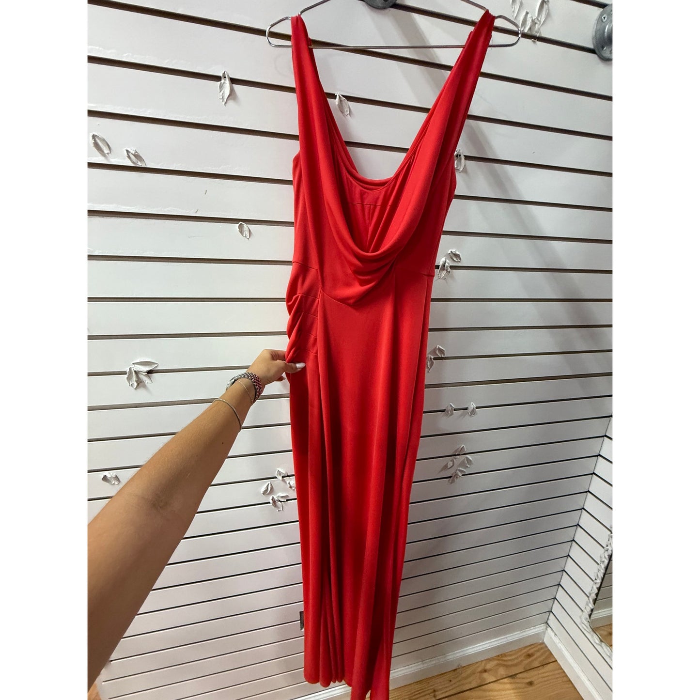 BCBGMAXAZRIA Lena Draped Scoop Back High Slit Maxi Evening Dress