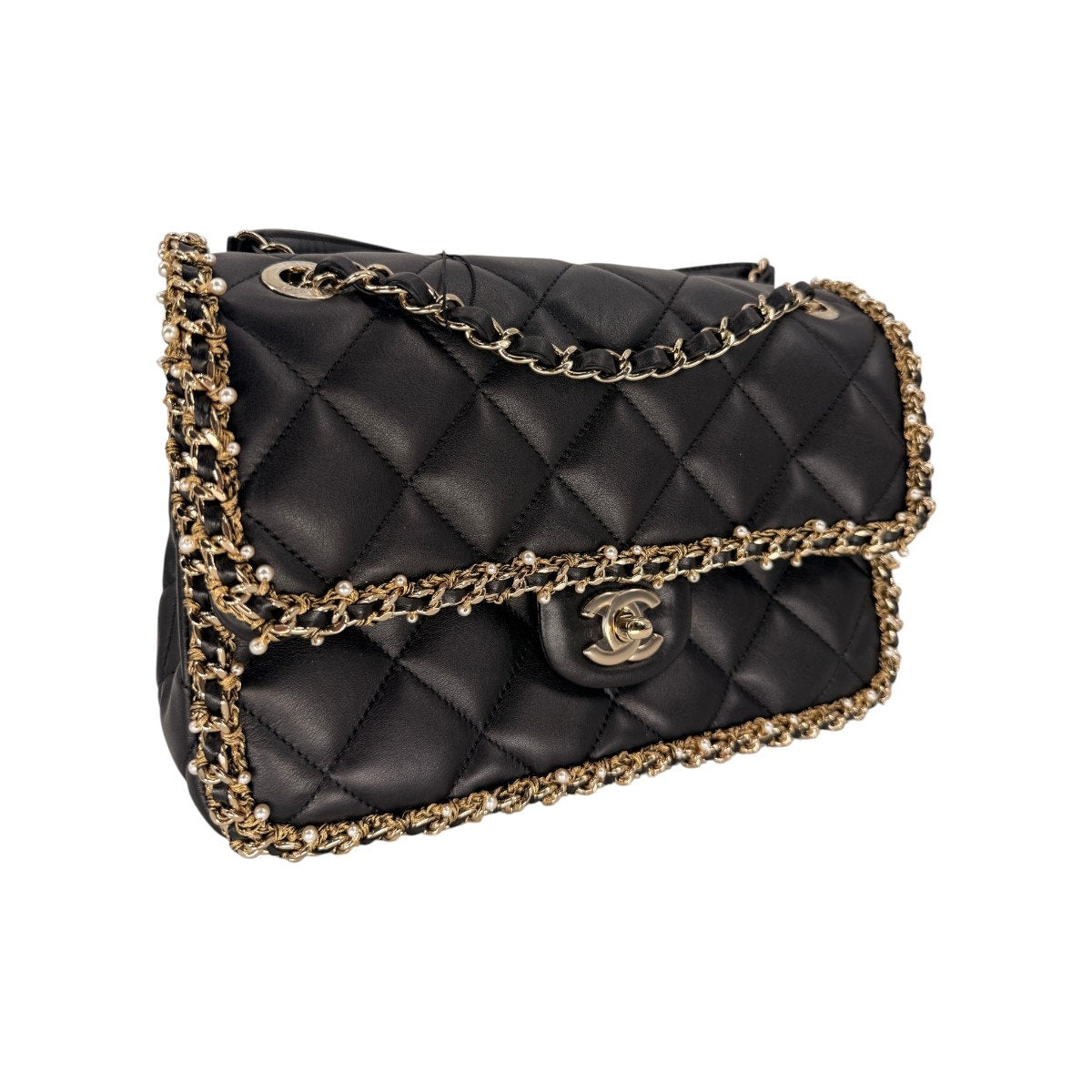 Chanel Leather Quilted CC Logo Pearl Chain Around Flap Shoulder Bag
