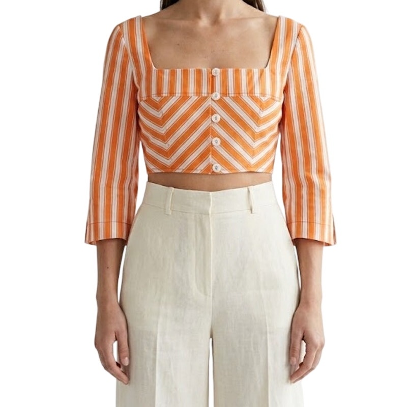 Rosie Assoulin Orange White Striped Square Neck Crop Top