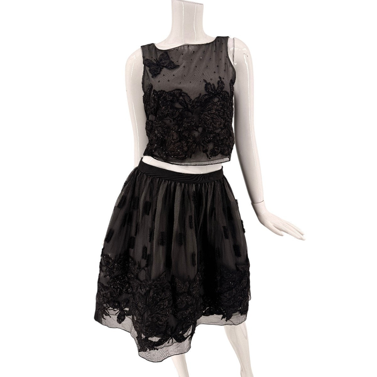 Alice + Olivia Embellished Butterfly Mesh Crop Top Midi Skirt Set