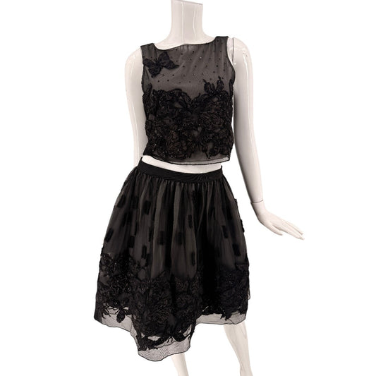 Alice + Olivia Embellished Butterfly Mesh Crop Top Midi Skirt Set