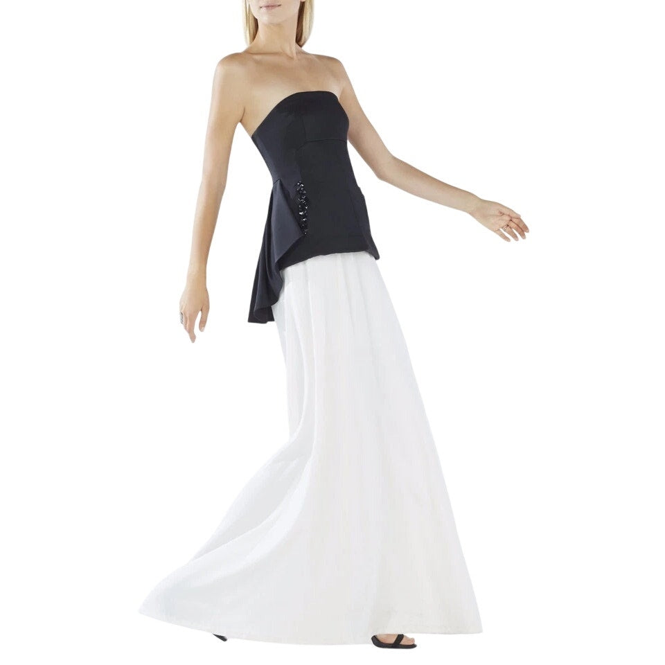 Bcbgmaxazria Evianna Strapless Pleated Peplum Maxi Dress Black/White Size 4