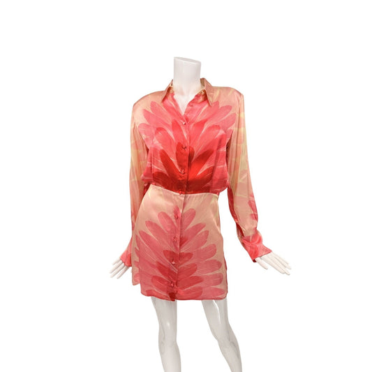 Alexis Satin Feather Print Vento Long Sleeve Mini Shirt Dress